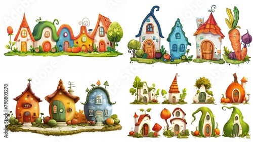 cute fairytale vegetable house in garden, collection set isolated on white background, Generative Ai