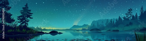 Craft a photorealistic image of a serene lakeside campsite inspired by Thoreaus Walden, infusing tranquility and simplicity with meticulous detail in the flora, fauna, and starlit night sky for a capt