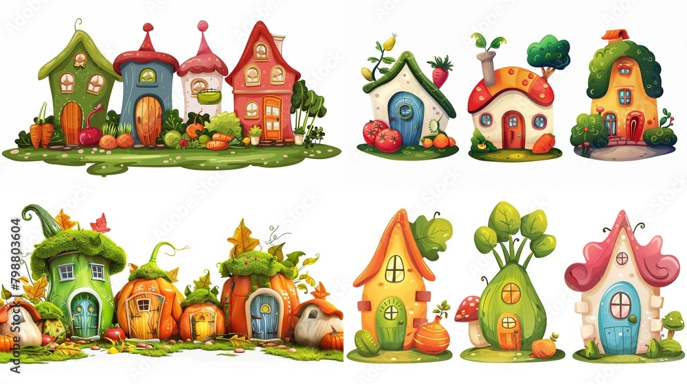 Naklejka premium cute fairytale vegetable house in garden, collection set isolated on white background, Generative Ai