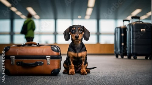 Cute dog, suitcase at the airport photo