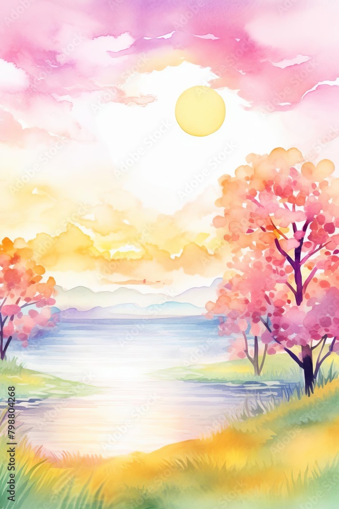 spring sunset watercolor, soft spring sunset watercolor