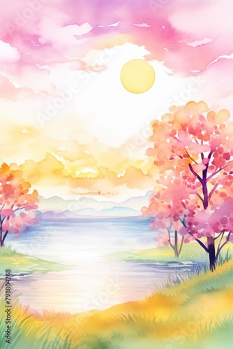 spring sunset watercolor, soft spring sunset watercolor © nattapon