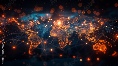 Communications network map of the world, data process activity, wireless technologies.