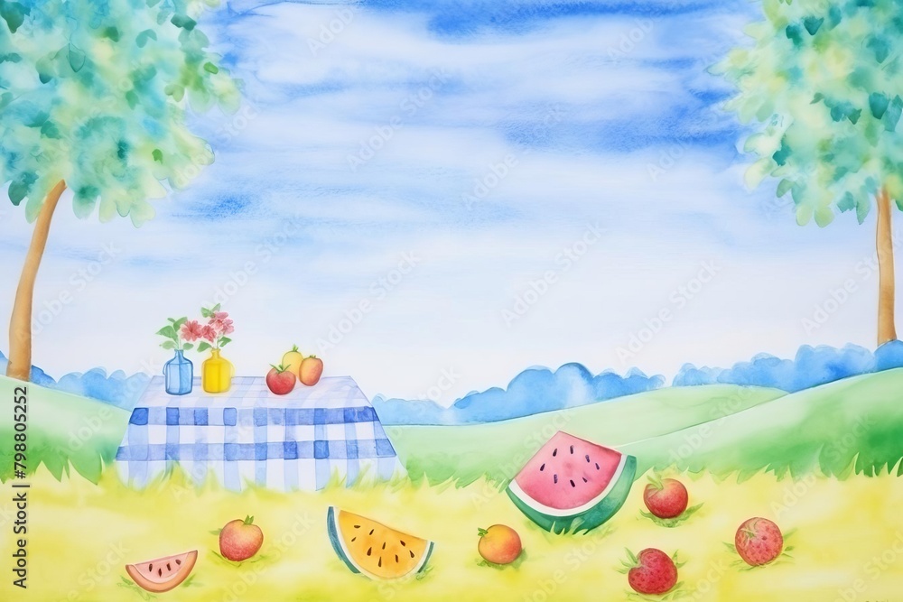 Fototapeta premium summer picnic watercolor, cheerful summer picnic watercolor