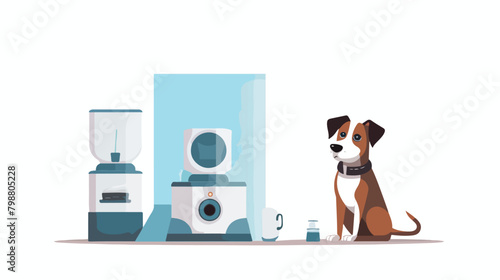 Dog waiting for food from automatic smart feeder. C © Hyper