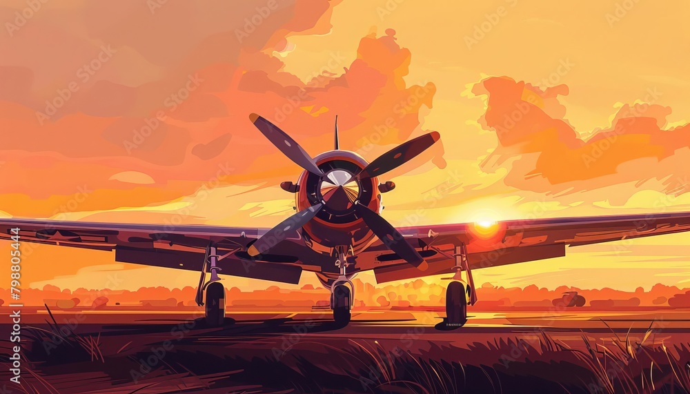 Visualize a scene of a propeller plane against a sunset background ...