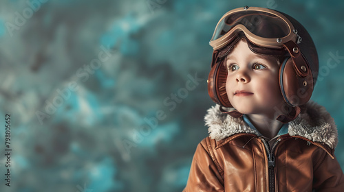 Little boy playing pilot, vintage aviator, Portait of a kid on solid background