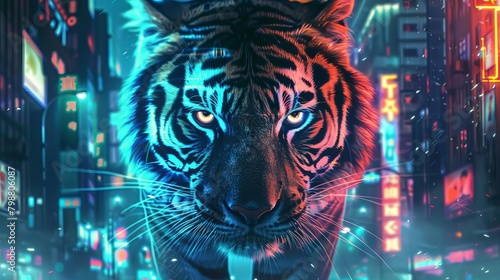Zoom in on the glowing eyes of a robotic tiger stalking through a neon-lit cityscape Showcase the fusion of artificial intelligence and natural instincts in a photorealistic style
