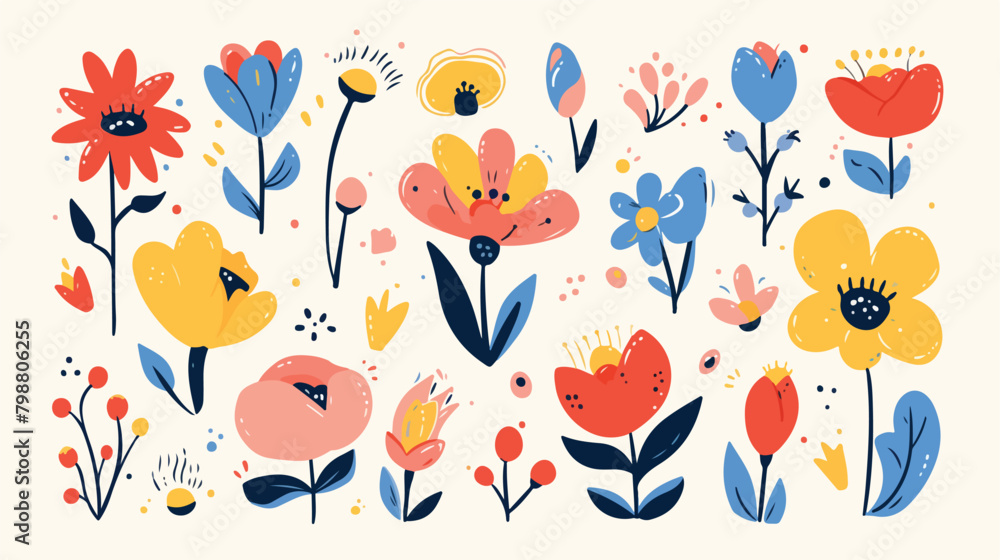 Doodle flowers set. Abstract simple floral shapes d