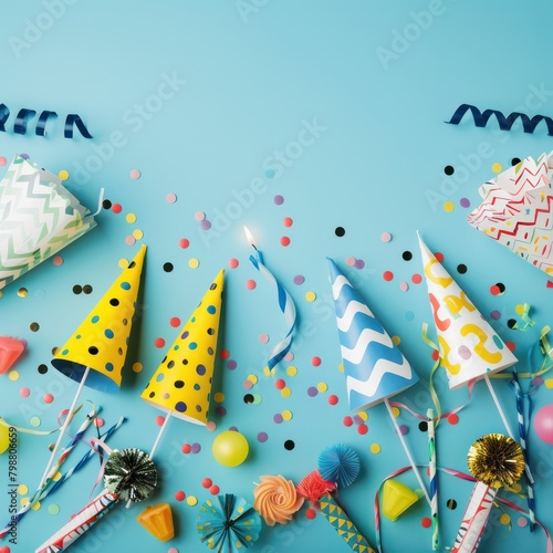 celebration photo Birthday party with party horns, colorful confetti, ice cream candles, cocktail umbrellas on a bright blue background