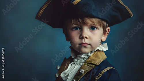 Portrait of a little Boy as a captain, sailors or Pirate, solid background photo