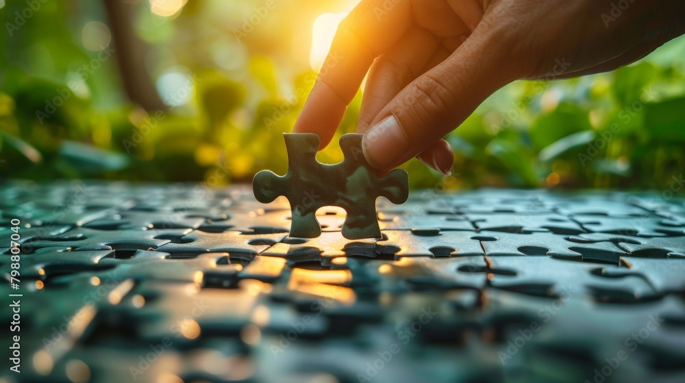 Hand with puzzle piece.Final Piece to Success: Hand Placing the Last Jigsaw Puzzle Piece in a Sunlit Natural Setting. Hand with puzzle piece.Final Piece to Success: Hand Placing the Last Jigsaw Puzzle Piece in a Sunlit Natural Setting.