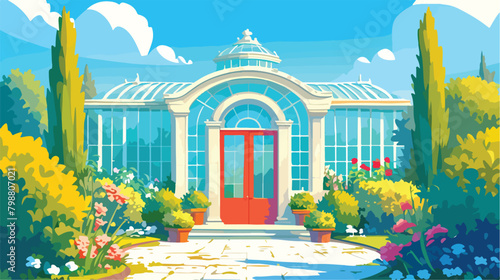 Drawing of elegant glasshouse building with red ent © Hyper