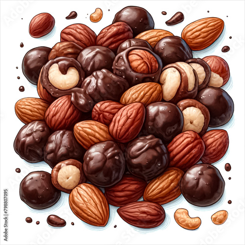 An illustration for world chocolate day, Chocolate-Covered Nuts, rendered in watercolor style.