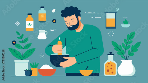 An illustration of a man preparing a homemade herbal tincture with labels and descriptions of the different plants used and their specific health.