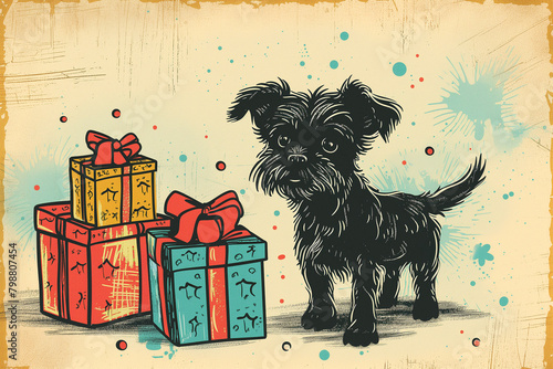 A black little dog and gift boxes on a light background. Colorful illustration in retro style. A template for the design of postcards, banners, and posters.