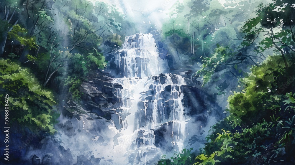 A beautiful watercolor painting of a waterfall in the middle of a forest.