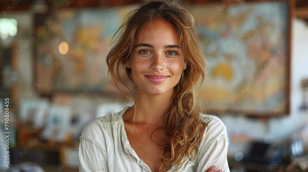 Designer smiling in studio.Confident Creator: A Joyful Designer Stands Proudly in Her Creative Workspace. Designer smiling in studio.Confident Creator: A Joyful Designer Stands Proudly in Her Creative Workspace.