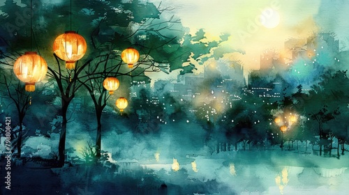 A beautiful watercolor painting of a park with a pond  trees  and lanterns.