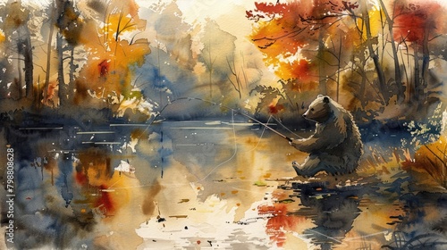 A watercolor painting of a bear fishing in a river in the fall.