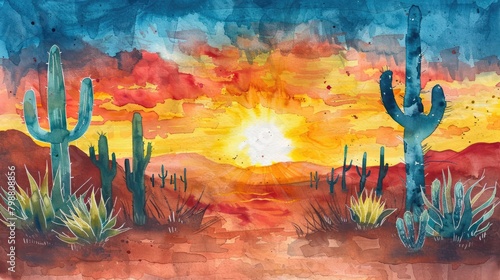 A watercolor painting of a desert sunset. There are cacti and other plants in the foreground, and a large sun is setting in the background.