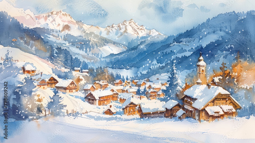Aquarelle painting of a snowy mountain village.
