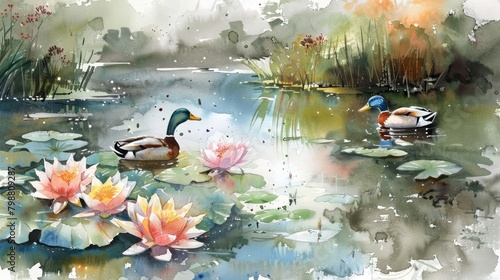 watercolor painting of two ducks in a pond with lily pads
