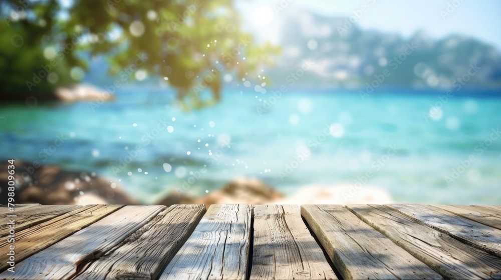 Blurry sea background adds summer vibes to wooden table decor Blurry sea background adds summer vibes to wooden table decor