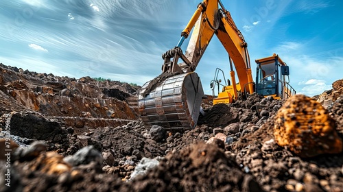 Detailed view of earthmoving equipment in action, digging and moving soil in a mining site, emphasizing the power and efficiency of modern extraction techniques