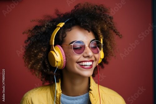 Young happy girl wearing headhones and enjoying music with eyes closed, isolated on neon purple background photo