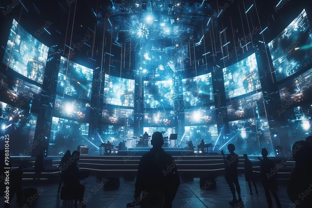 Dynamic view of a futuristic concert stage where the band plays surrounded by 360    degree interactive screens, allowing the audience to experience the performance from all angles