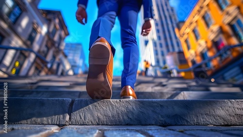 Closeup of a young businessmans legs walking up stairs in a city. Concept Businessman, City, Stairs, Closeup, Legs photo