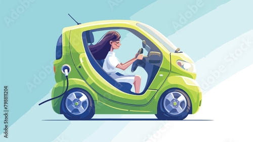 Electric car. Woman driver in eco-friendly auto veh