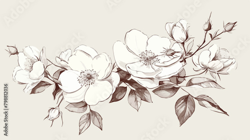 Elegant botanical drawing of beautiful dog roses gr