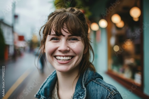 Portrait of a beautiful young woman smiling at the camera in the city