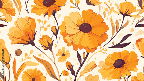 Botanical seamless pattern with blooming calendula