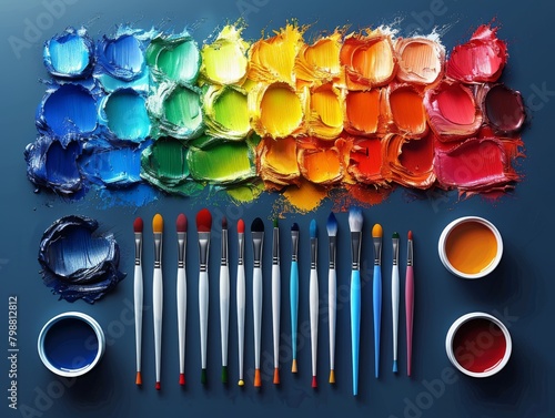 Various types of paints and brushes, including electric blue, magenta, and violet, are spread out on the table, ready for use in creating beautiful art pieces