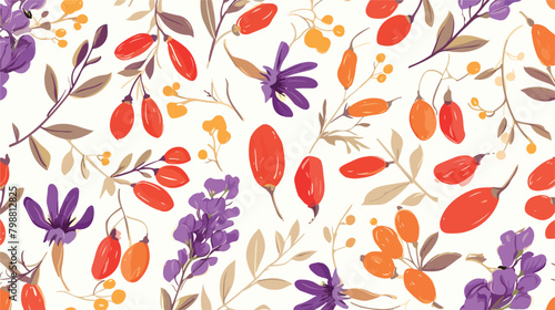 Botanical seamless pattern with fresh goji red berr