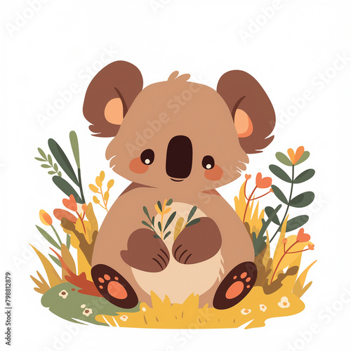 A cute cartoon brown koala is sitting in a clearing, isolated on a white background. Cool animal concept. Character design, sticker.