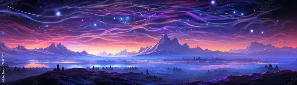 Surreal Twilight Mountains with Celestial Streams