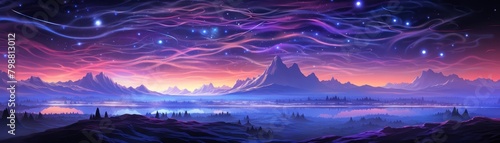 Surreal Twilight Mountains with Celestial Streams © Thanapipat