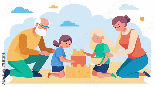 Parents and grandparents joining in on the fun sharing stories of their own childhood sandcastle building experiences while helping the younger ones. Vector illustration