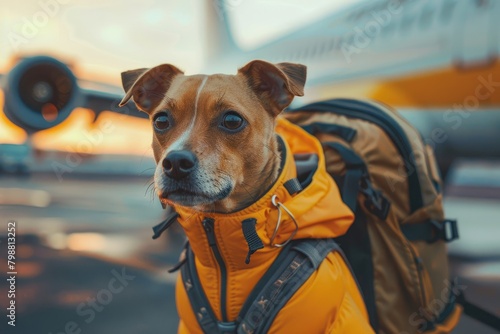 A dog at the airport going on a trip.