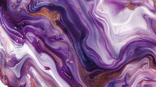 Luminous amethyst marble ink swirls freely across a captivating abstract landscape  twinkling with subtle glitters.