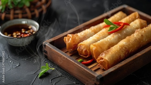 Spring roll or Popiah displayed on wooden tray against a dark backdrop