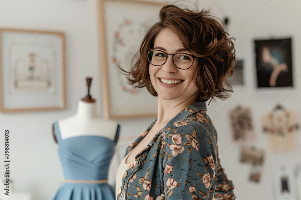 Charming Fashion Designer in Her Studio with Mannequin Charming Fashion Designer in Her Studio with Mannequin