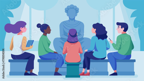 A group of friends sits on a bench in the center of the gallery discussing the intricate details and symbolism of a sculpture that has caught their. Vector illustration