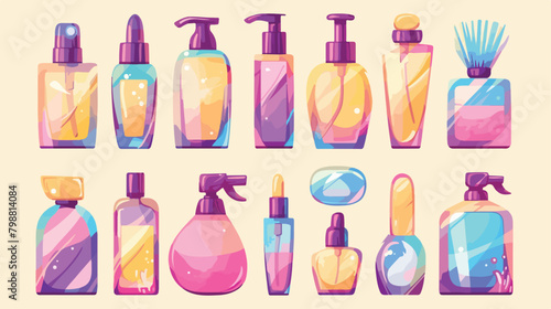 Bottles with cosmetic products and beauty essences.