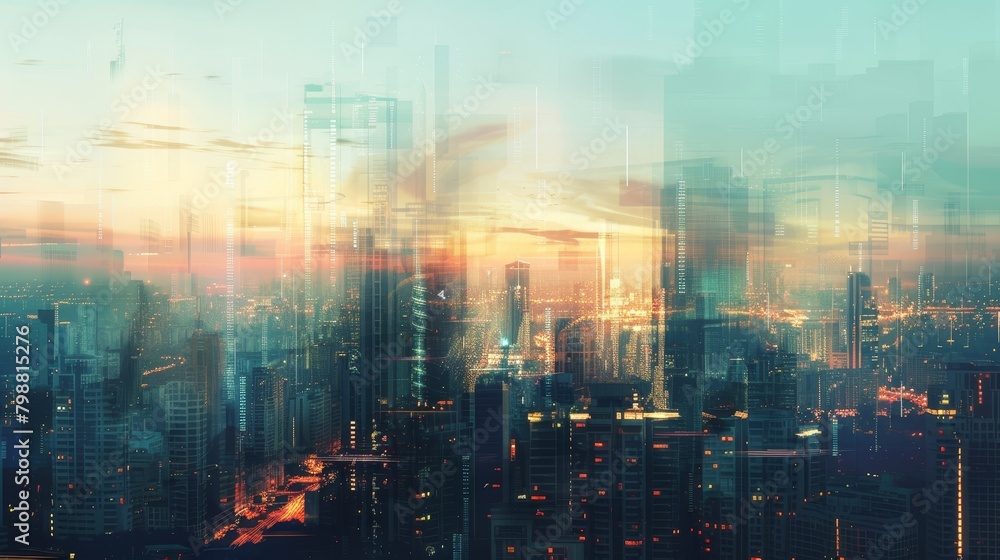 A city skyline with a sunset in the background. The city is lit up with lights, creating a vibrant and lively atmosphere. The image captures the essence of urban life A city skyline with a sunset in the background. The city is lit up with lights, creating a vibrant and lively atmosphere. The image captures the essence of urban life