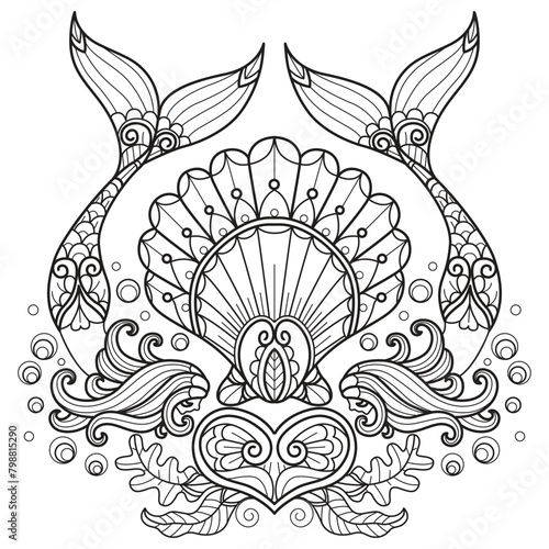 Shellfish and mermaid under the sea hand drawn for adult coloring book